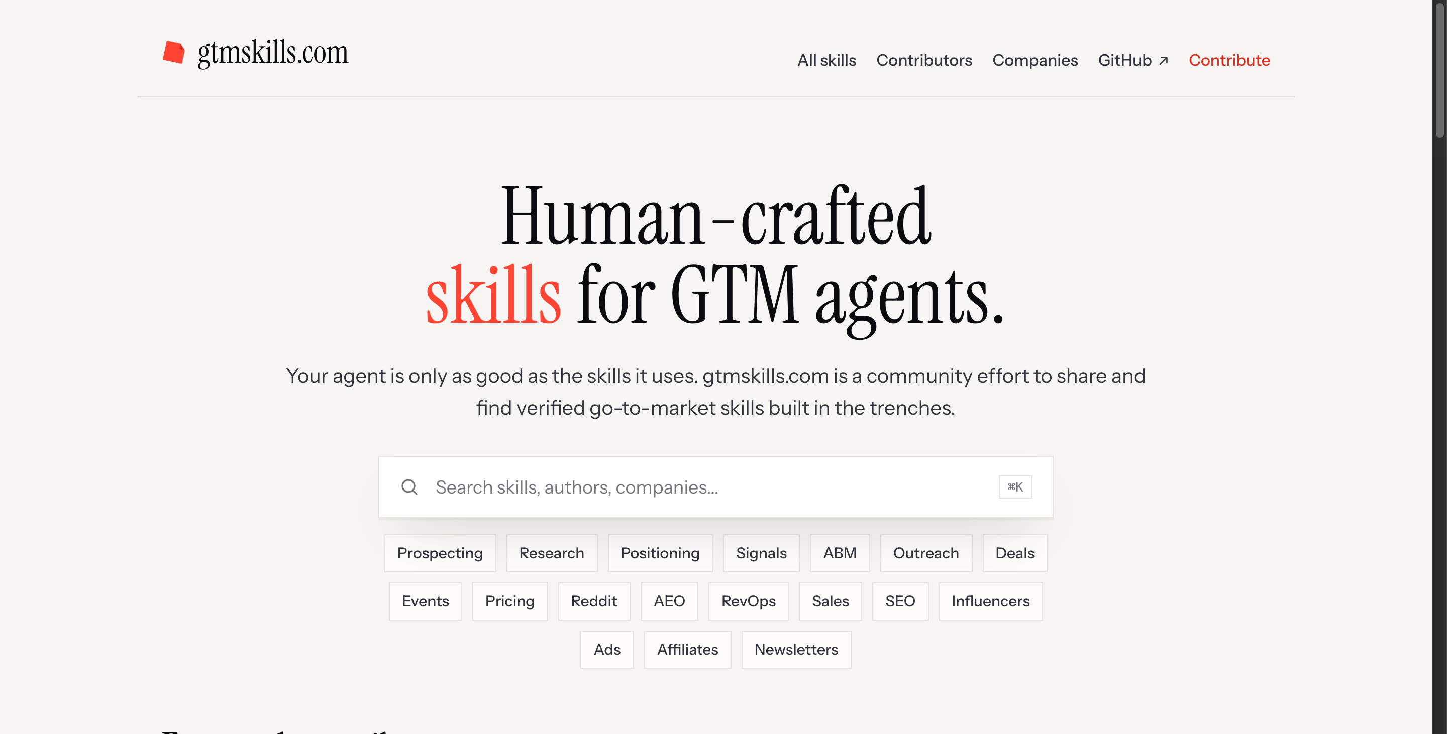 GTMSkills.com homepage listing skill categories like Prospecting, Signals, ABM, Outreach, and SEO